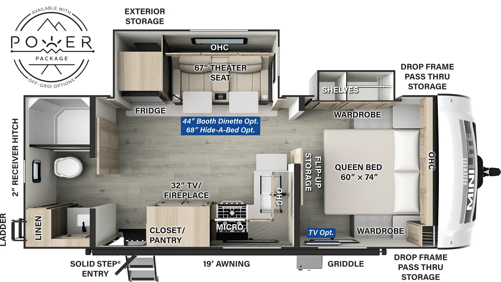 The Rockwood Mini Lite 2511S has one entry and two slide outs. Exterior features include: fiberglass exterior and 19' awning. Interiors features include: front bedroom and rear bathroom.